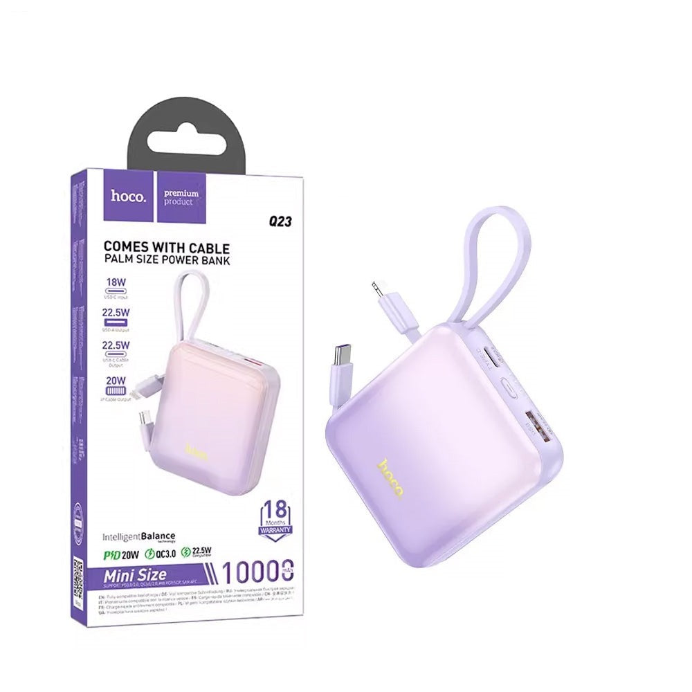 Hoco Q23 Mini 22.5W+PD20W Type-C & Lightning Cable Built In Power Bank with Cable 10000mAh Purple