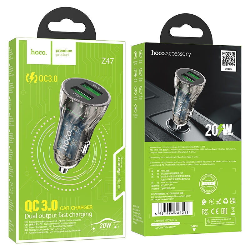 Hoco Z47 Transparent Discovery Edition USB Dual Port QC3.0 Car Charger 20W Black-www.firsthelptech.ie