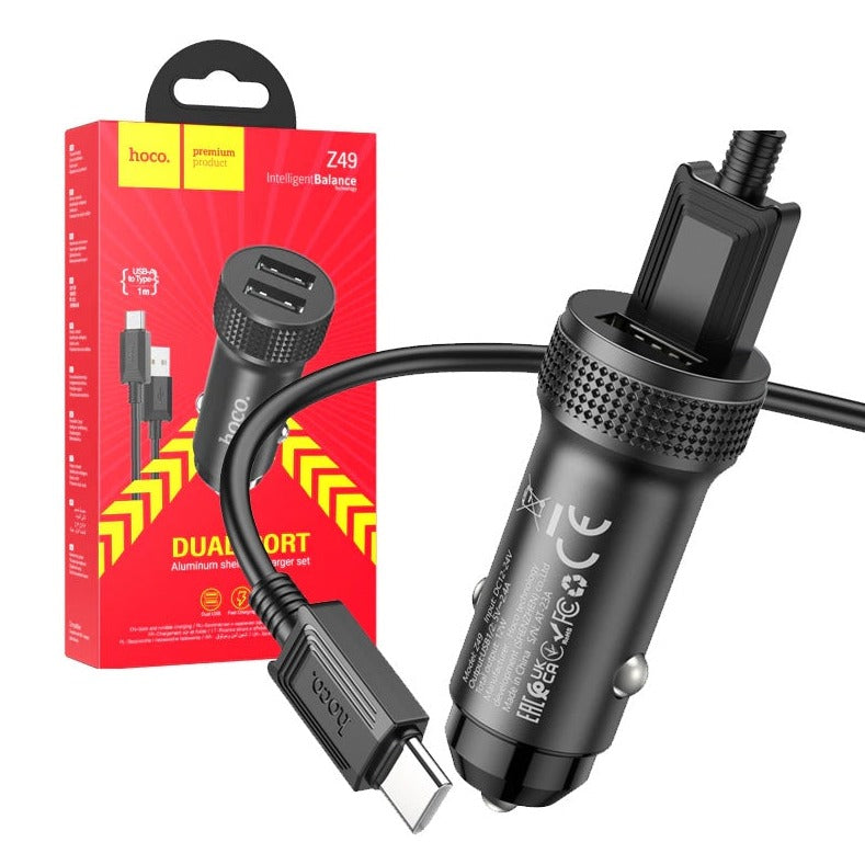 Hoco Z49 Level Dual Port Car Aluminium Type-C Charger Set Black-www.firsthelptech.ie