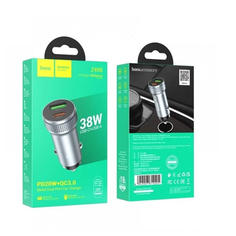 Hoco Z49B Level Dual Port Type-C & USB PD 38W Car Charger Metal Grey-www.firsthelptech.ie