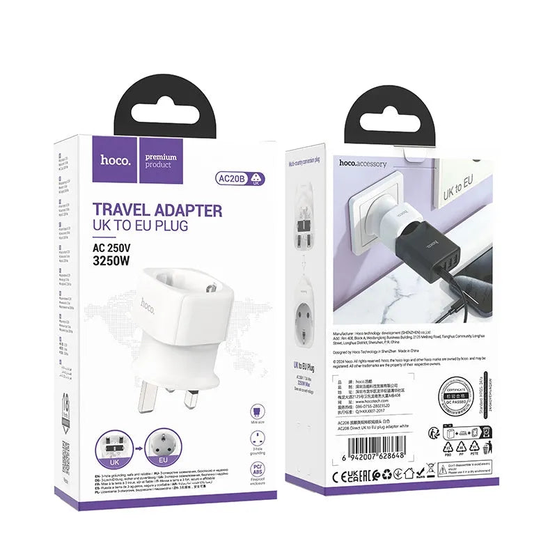 Hoco AC20B Direct UK To EU Travel Adapter 3250W White