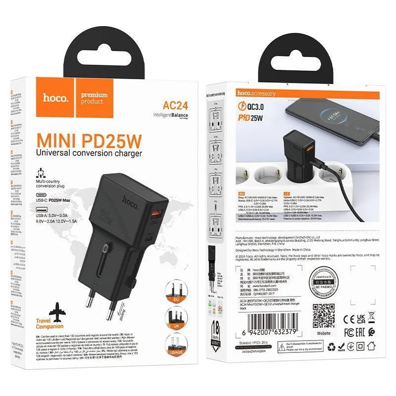 Hoco AC24 Mini PD 25W & QC 3.0 Universal Travel Charger Black