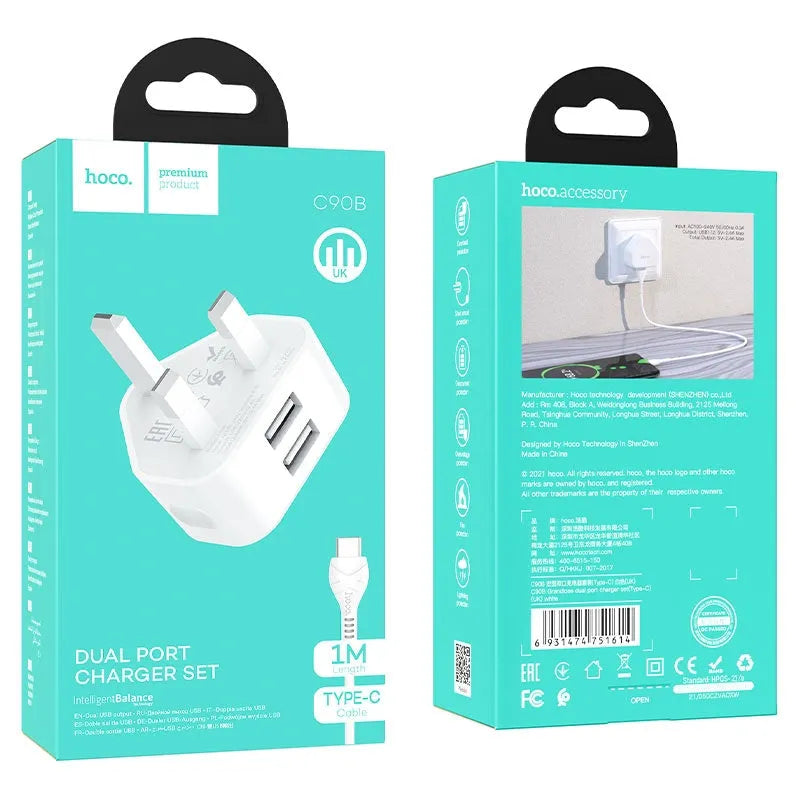 Hoco C90B Grandiose Dual Port Charger Set Type-C White