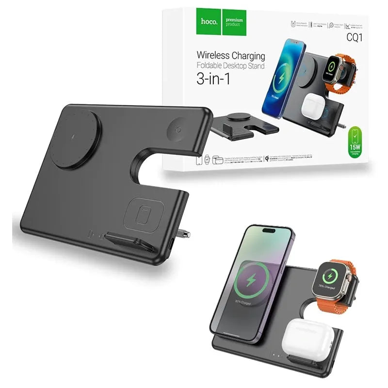 Hoco CQ1 Flash Folding Apple Watch 3-In-1 Wireless Fast Charger Black