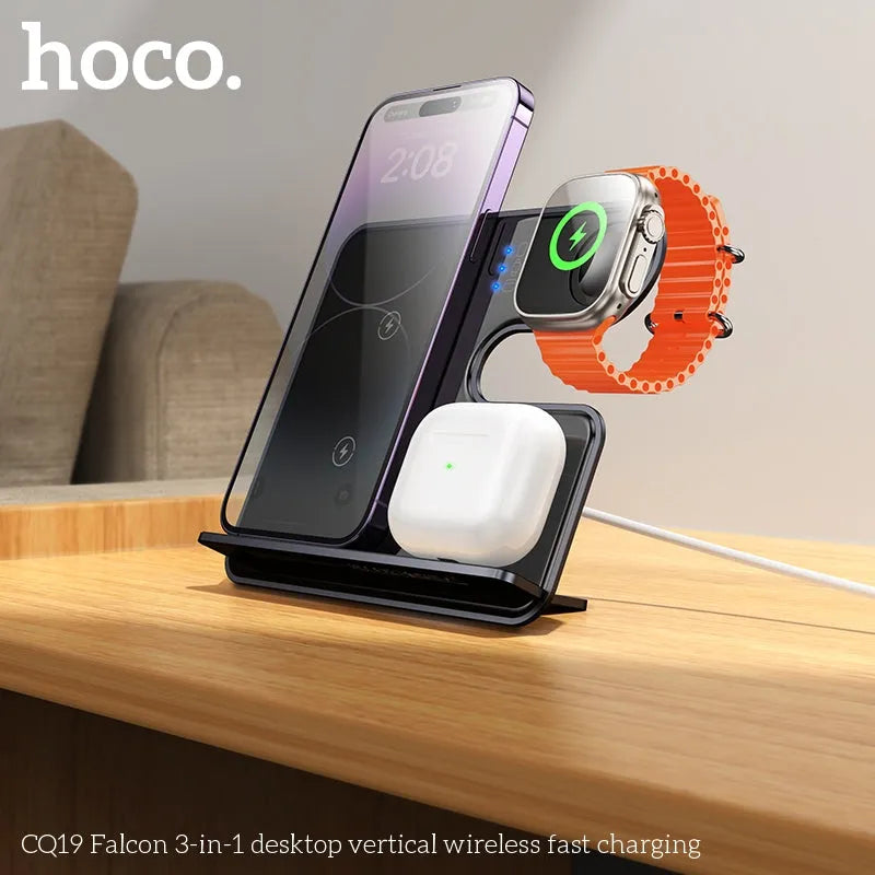 Hoco CQ19 Falcon 3-in-1 Desktop Vertical Wireless Fast Charger Gray