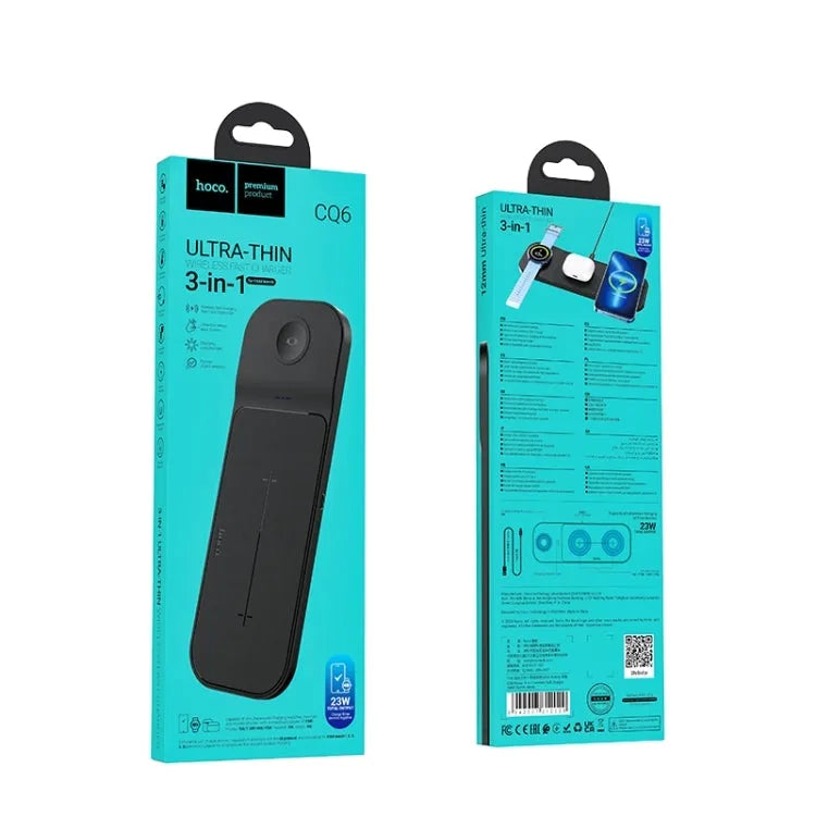 Hoco CQ6 Ultra Thin 23W Samsung Watch 3-in-1 Wireless Fast Charger Black