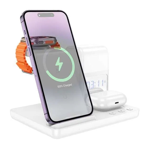 Hoco CQ9 Crown 3-in-1 Night Light Wireless Fast Charger with Clock 15W White