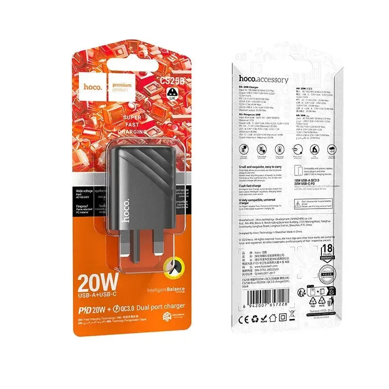 Hoco CS25B Dual Port PD 20W +QC3.0 Phone Charger