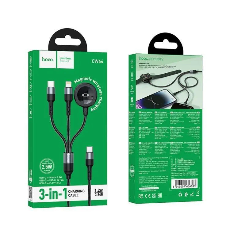 Hoco CW64 3 In 1 Type-C To iWatch / Type-C / iP Charging Cable Black