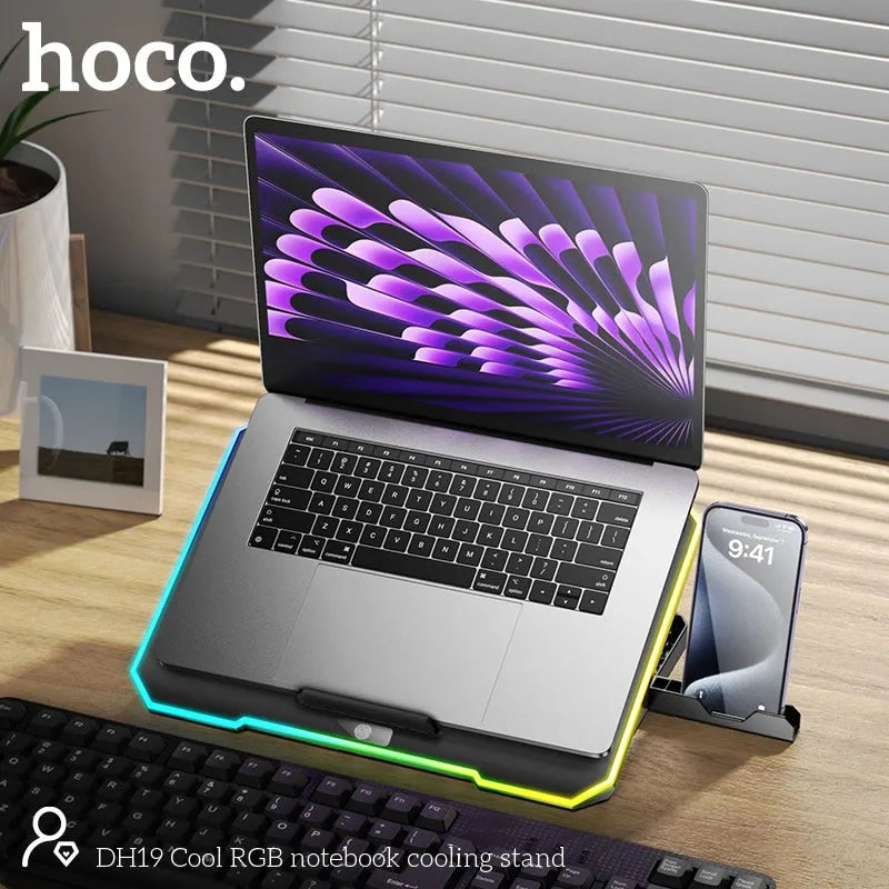 Hoco DH19 Adjustable RGB Laptop Cooler Fan With Phone Stand Black