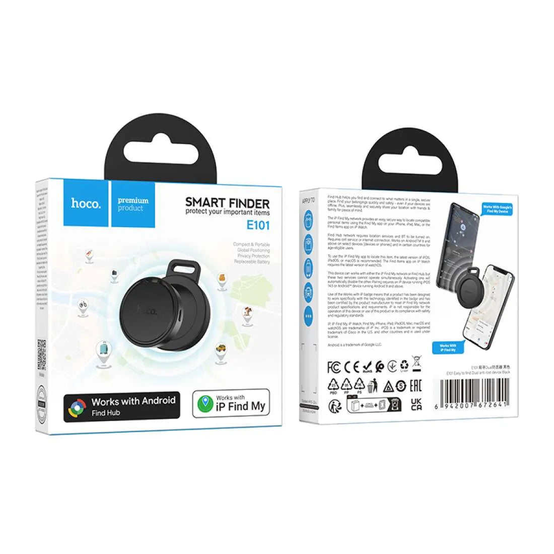 Hoco E101 Find My Device IOS & Android Dual Anti-Lost Device Black