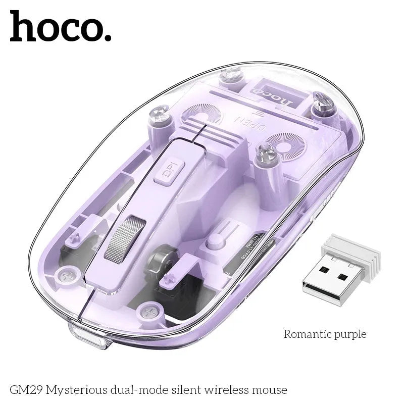 Hoco GM29 Dual Mode Silent Transparent Optical RGB Rechargeable Mouse Purple