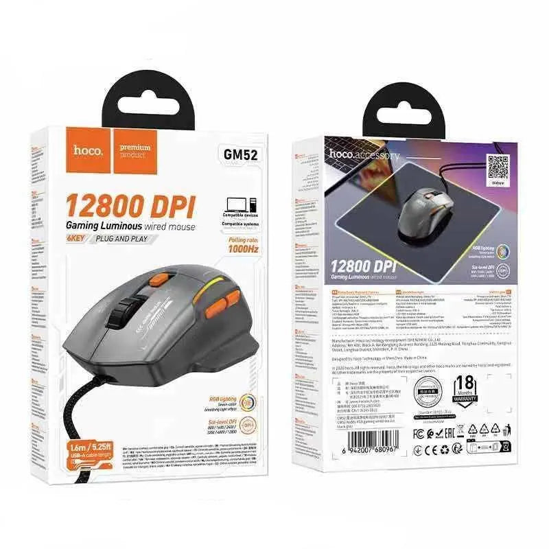 Hoco GM52 Reddy RGB 12800 DPI Gaming Wired Mouse Black & Gray
