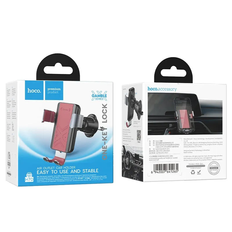 Hoco H70 Gravity Air Outlet One Key Lock Car Holder Black & Red