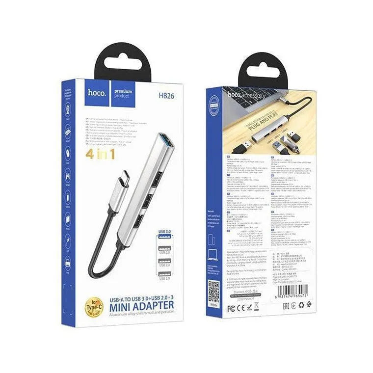 Hoco HB26 Aluminum Alloy 4 In 1 Type-C To USB 3.0 / USB 2.0 Adaptor Silver