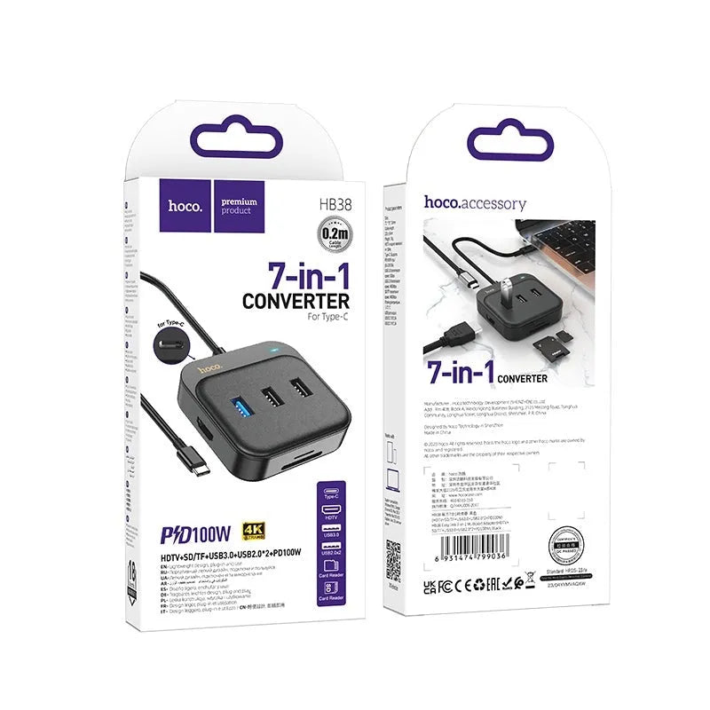 Hoco HB38 7-in-1 4K Ultra HD Converter HDTV+ SD/TF+ USB3+ USB2* 2+ PD100 100W Black