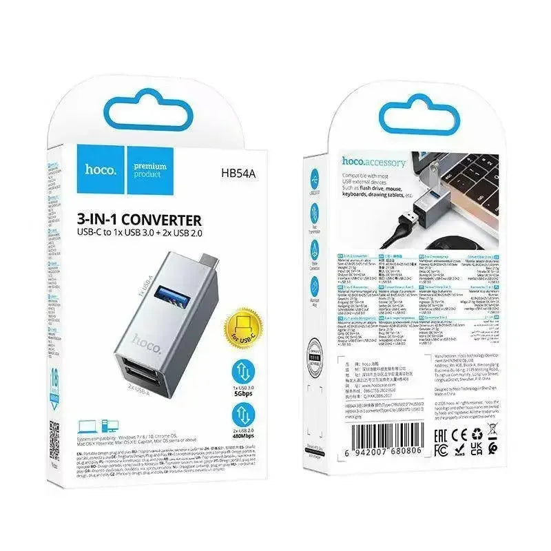 Hoco HB54A 3-In-1 Type-C To USB 2.0 * 2 / USB 3.0 Converter Metal Gray
