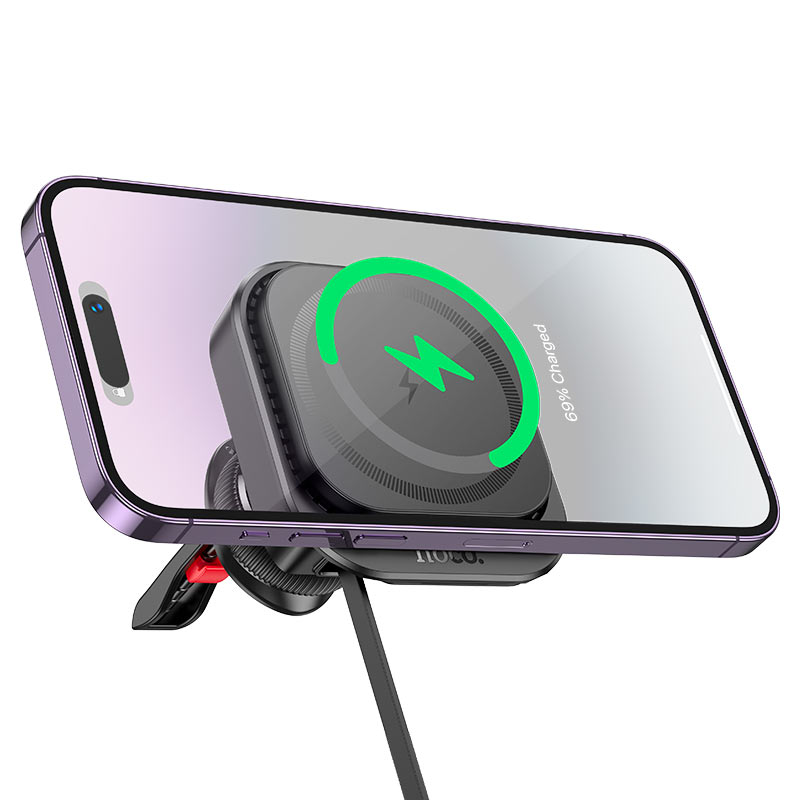 Hoco HW23 Retractable Air Vent Magsafe Wireless Fast Charging Car Holder With Built In Type-C Cable Black