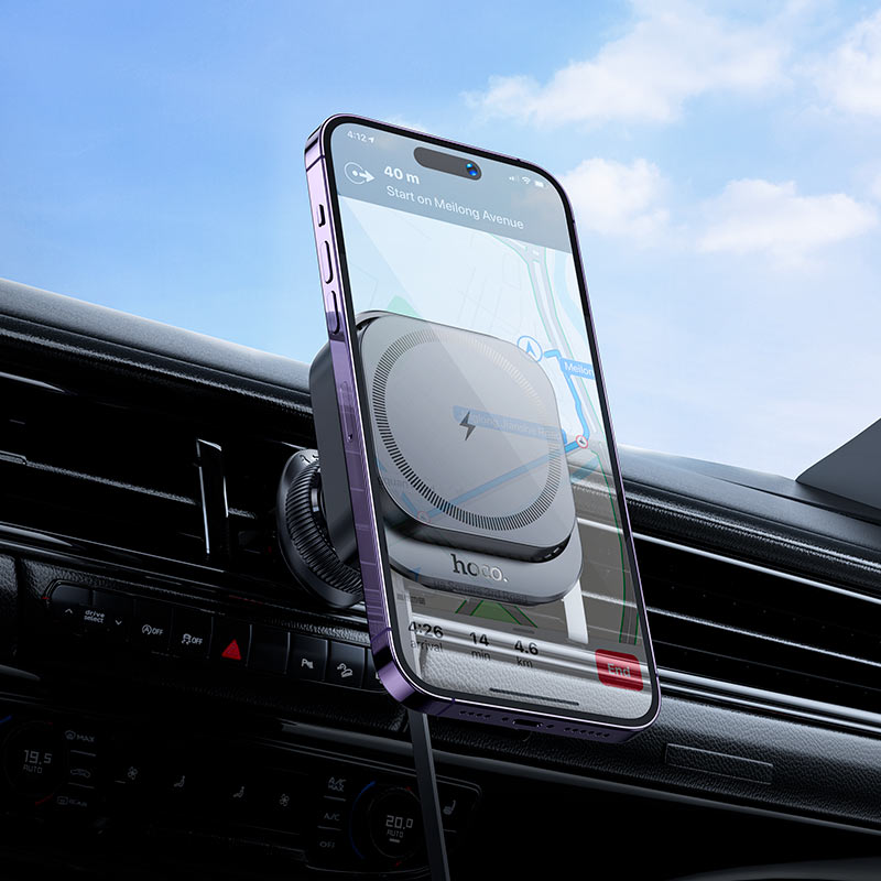 Hoco HW23 Retractable Air Vent Magsafe Wireless Fast Charging Car Holder With Built In Type-C Cable Black