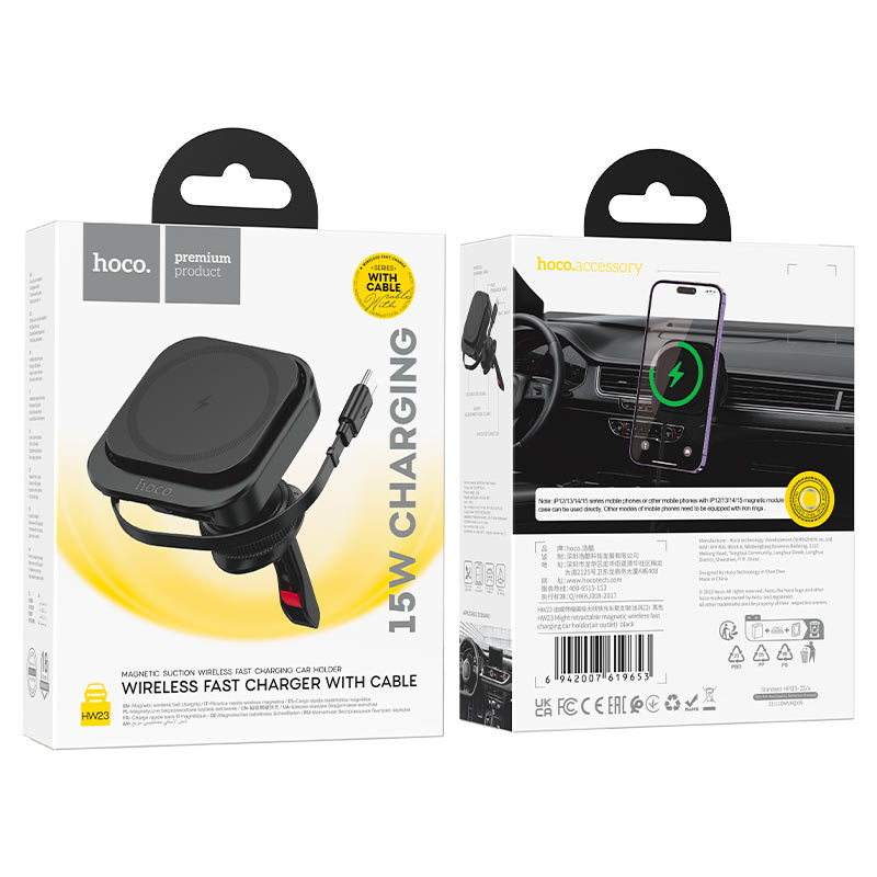 Hoco HW23 Retractable Air Vent Magsafe Wireless Fast Charging Car Holder With Built In Type-C Cable Black