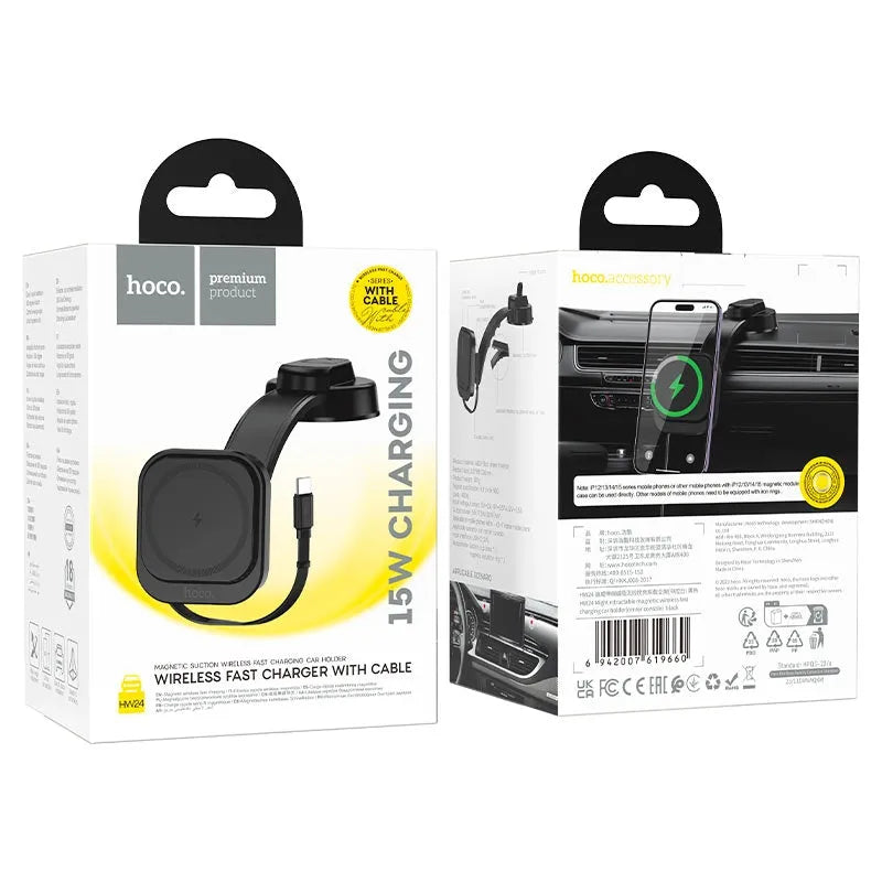 Hoco HW24 Retractable Dash Magsafe Wireless Fast Charging Car Holder With Built in Typec-C Cable Black