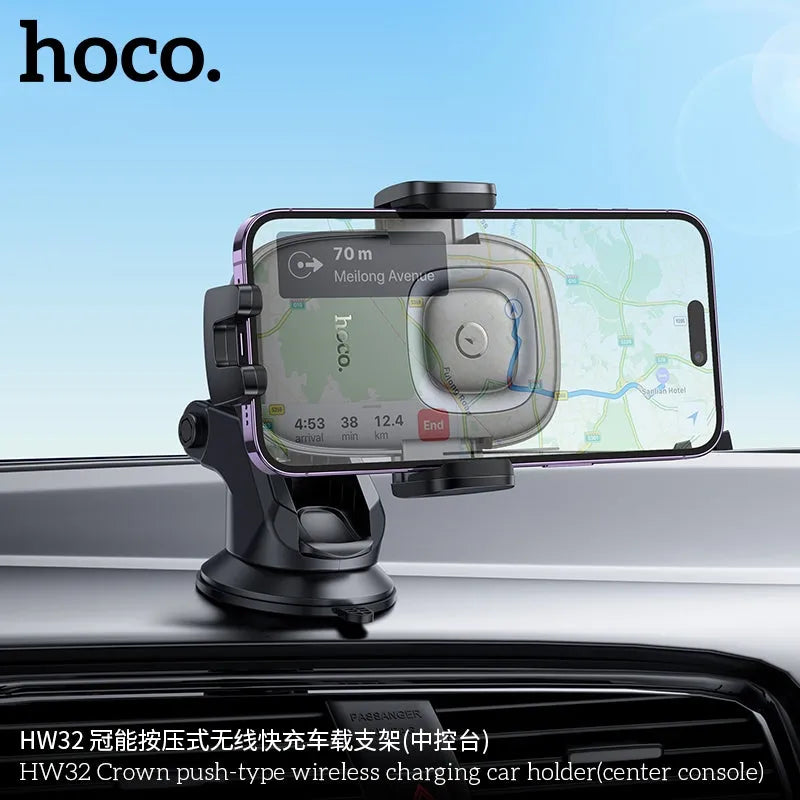 Hoco HW32 Crown Push-Type Dash & Glass Wireless Charging Car Holder Grey
