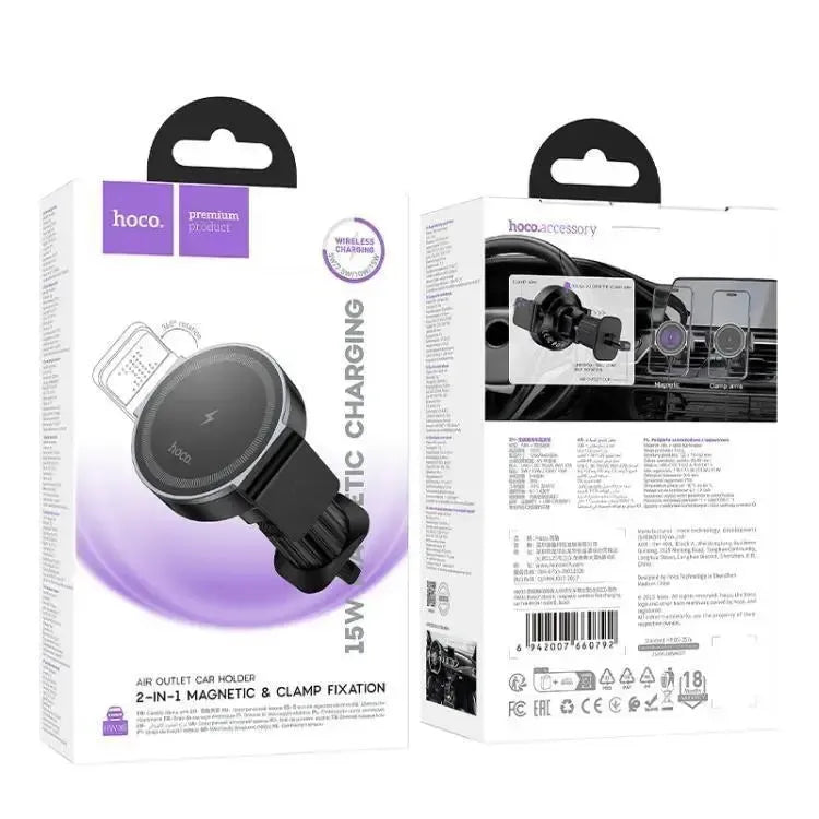 Hoco HW35 Power Electric Magnetic Air Vent Wireless Fast Charging Car Holder 15W Black
