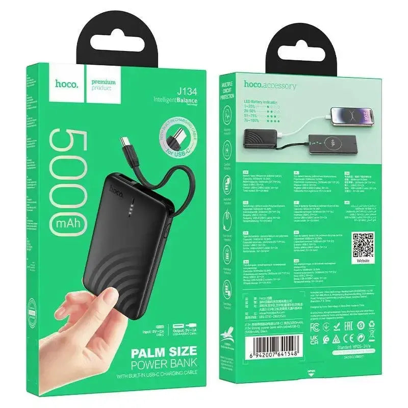 Hoco J134 Strong Power Bank With USB-C Cable 5000mAh Black