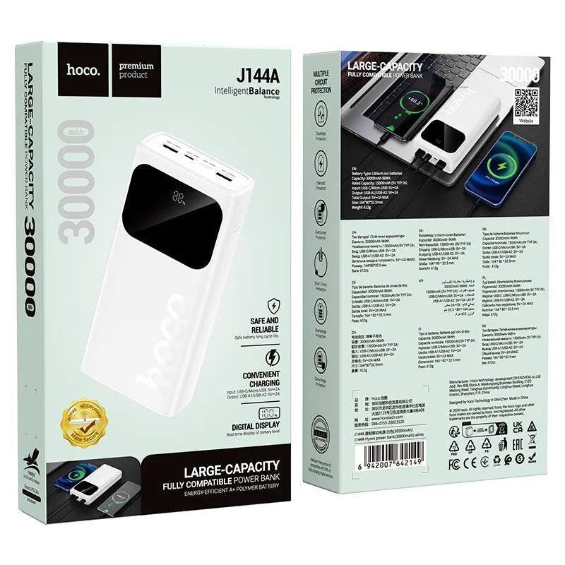 Hoco J144A Hymn Dual Output LED Digital Display Power Bank 30000mAh White