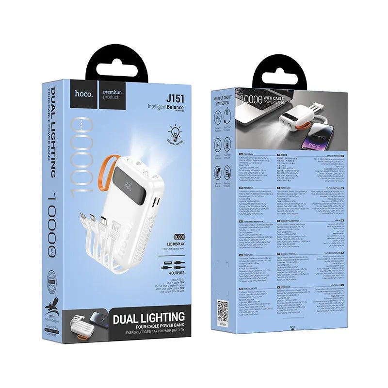 Hoco J151 Spirit Dual Lighting 4 Cable Power Bank 10000mAh White