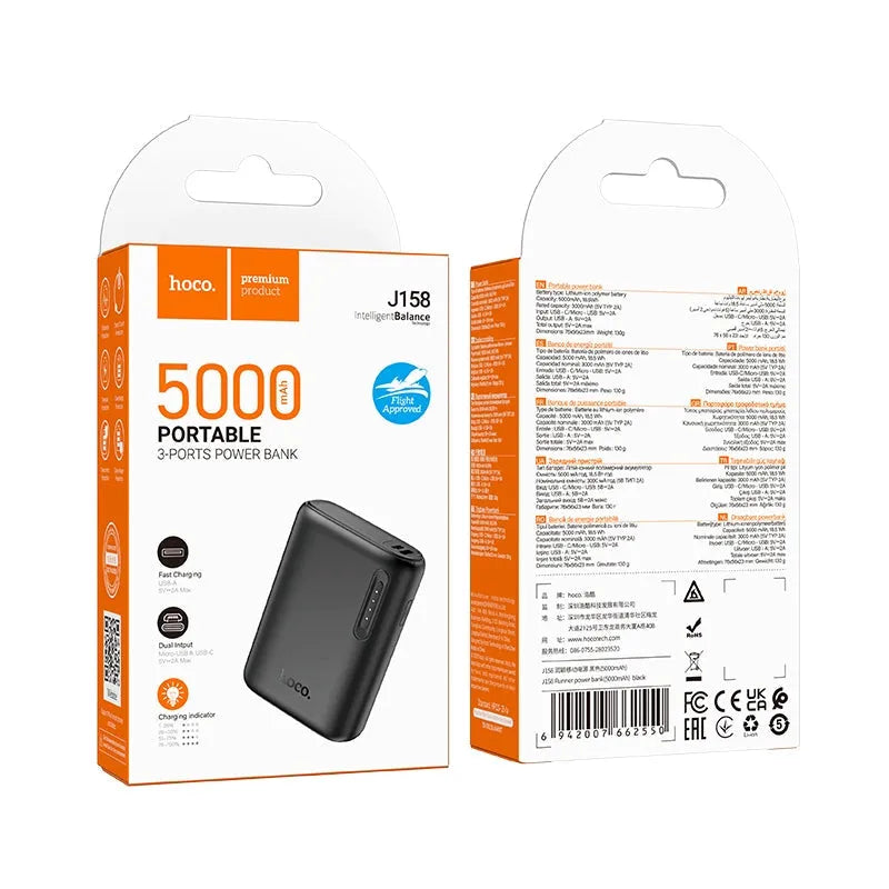Hoco J158 Runner 3 Port Power Bank 5000mAh Black
