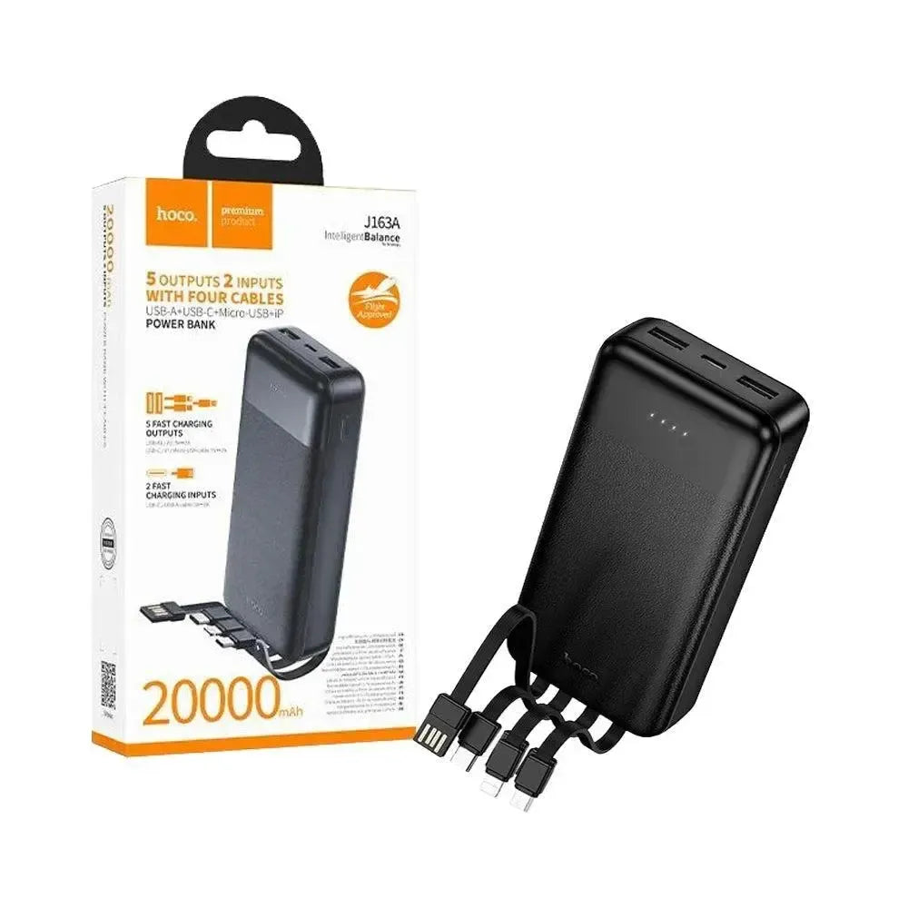 Hoco J163A Wonderful 5 Output Power Bank With 4 Cables 20000mAh Black