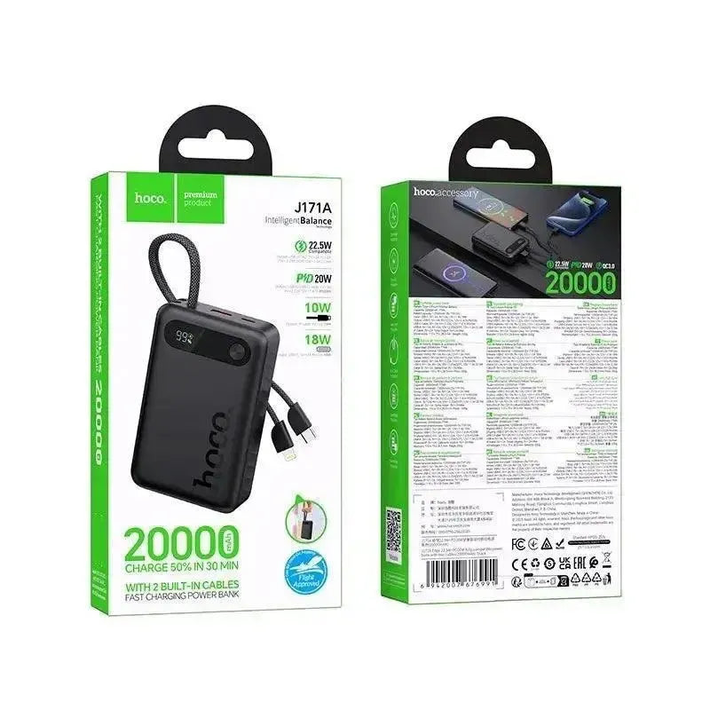 Hoco J171A Edge 22.5W PD 20W Power Bank With Type-C & Lightning Cables 20000mAh Black