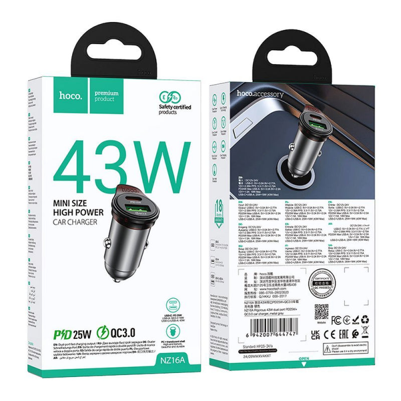 Hoco NZ16A Rigorous 43W Dual Port PD25W / QC3.0 Car Charger Metal Gray