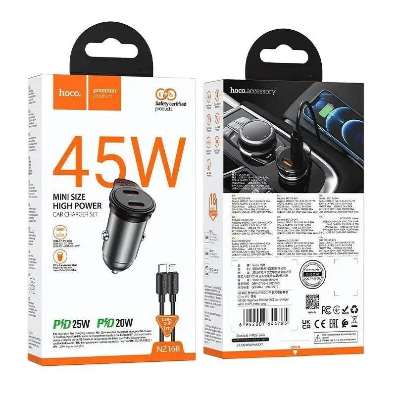 Hoco NZ16B Dual Type-C PD Car Charger Set C To iP 45W Metal Gray