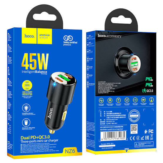 Hoco NZ6 PD45W 3 Port 2C1A Car Charger Black