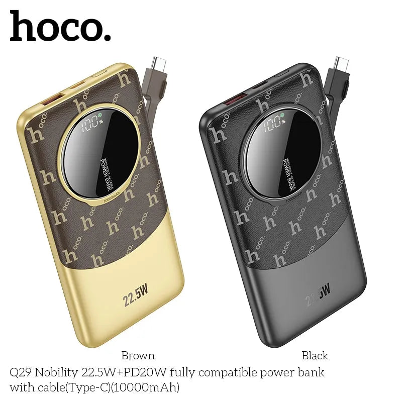 Hoco Q29 Leather Texture 22.5W+PD20W Fully Compatible Power Bank with Type-C Cable 10000mAh Brown