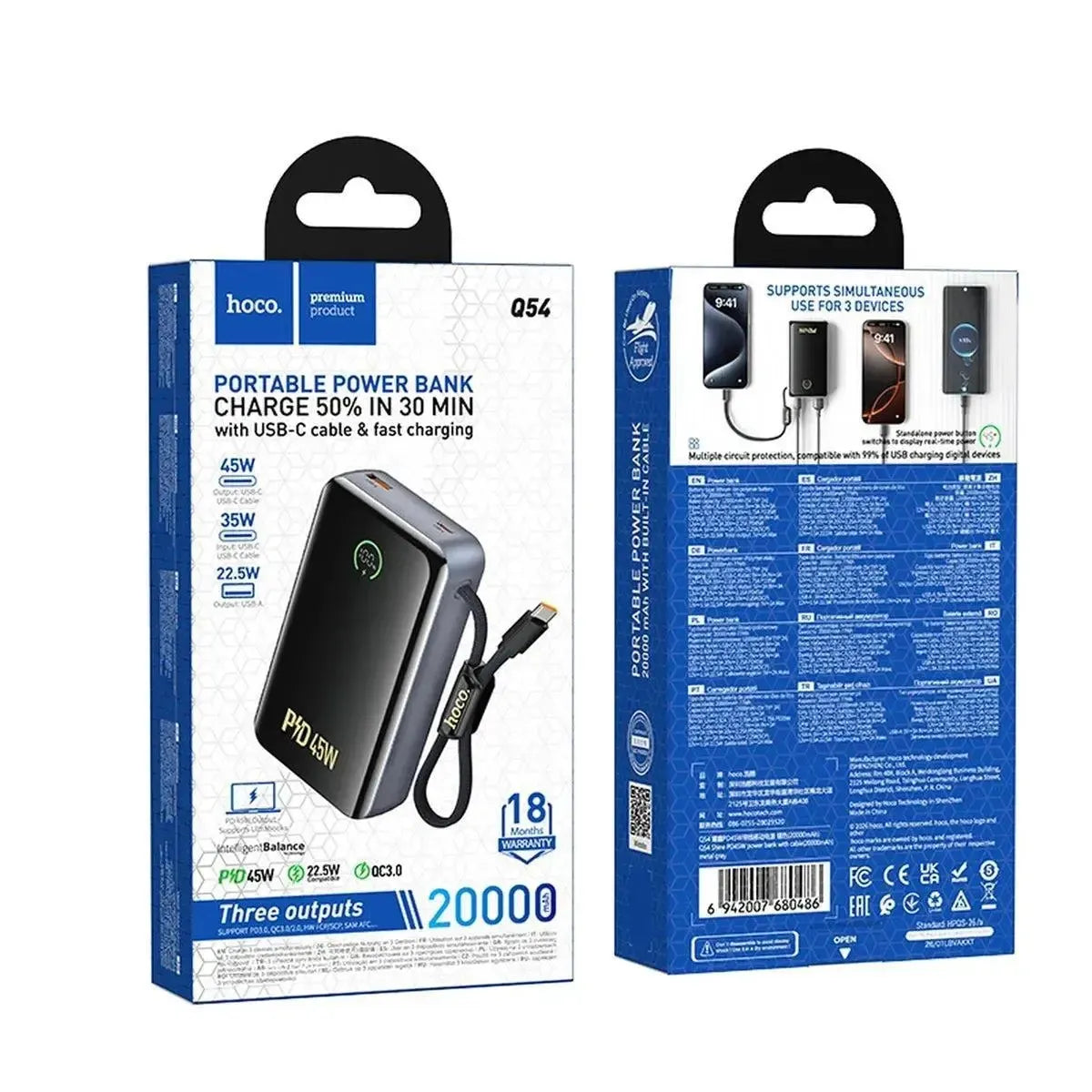 Hoco Q54 Shine Ultra Small PD45W Power Bank 20000mAh Metal Gray
