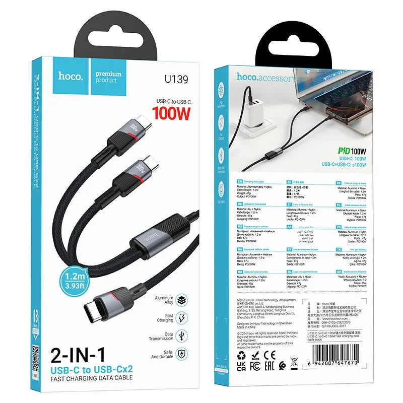 Hoco U139 Type-C To C+C 100W Fast Charging Cable Black