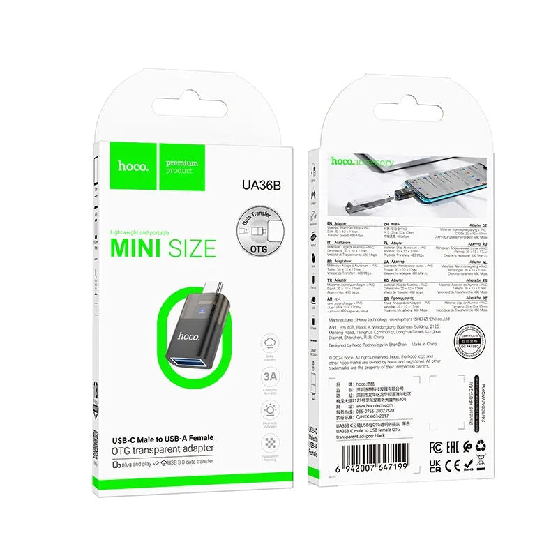 Hoco UA36B Type-C Male To USB Female OTG Transparent Adapter Black