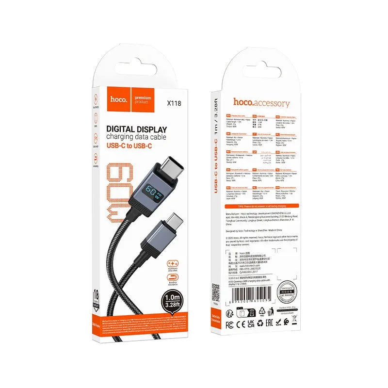 Hoco X118 Generous 60W Charging Cable With Display Type-C To C Black
