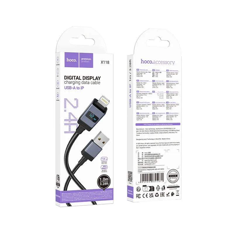 Hoco X118 Generous Charging Cable with Display Lightning Black
