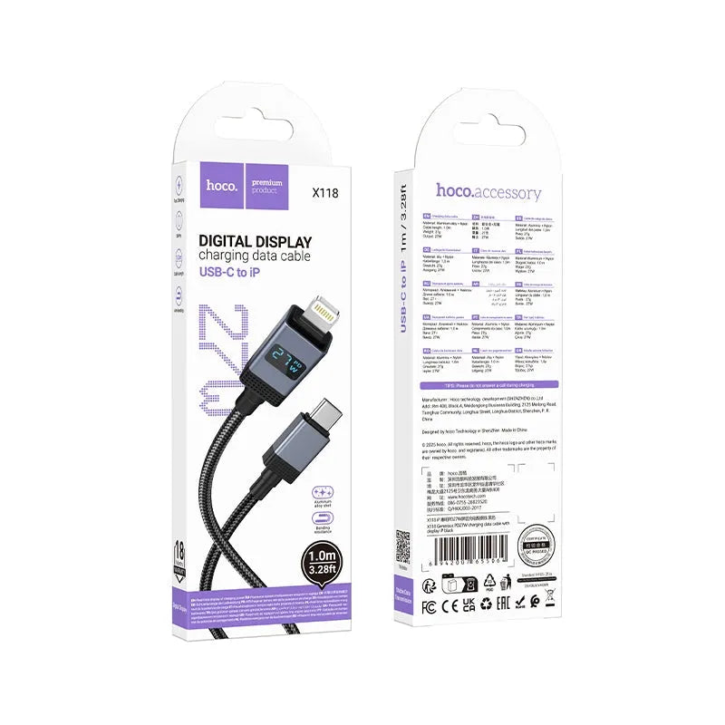 Hoco X118 Generous PD27W Charging Cable With Display Type-C To iP Black