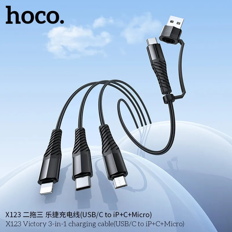 Hoco X123 Victory 3 In 1 Charging Cable USB/ C To iP / C / Micro Black