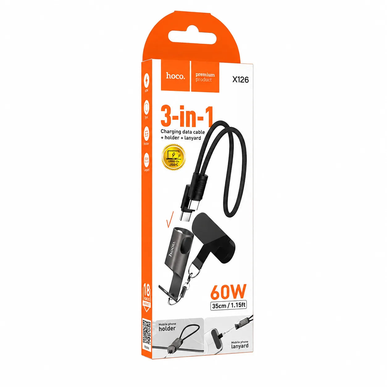 Hoco X126 3 In 1 PD60W Lanyard / Phone Holder Charging Cable Type C-C L=0.35M Black