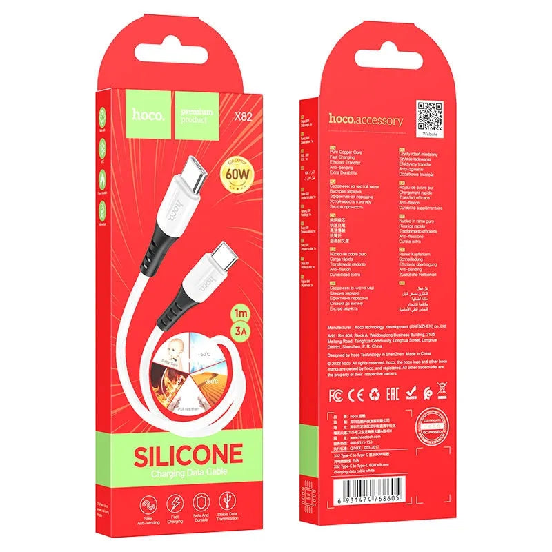 Hoco X82 Type-C to Type-C Silky Anti-Winding Silicon 60W Fast Charging Cable 1M White