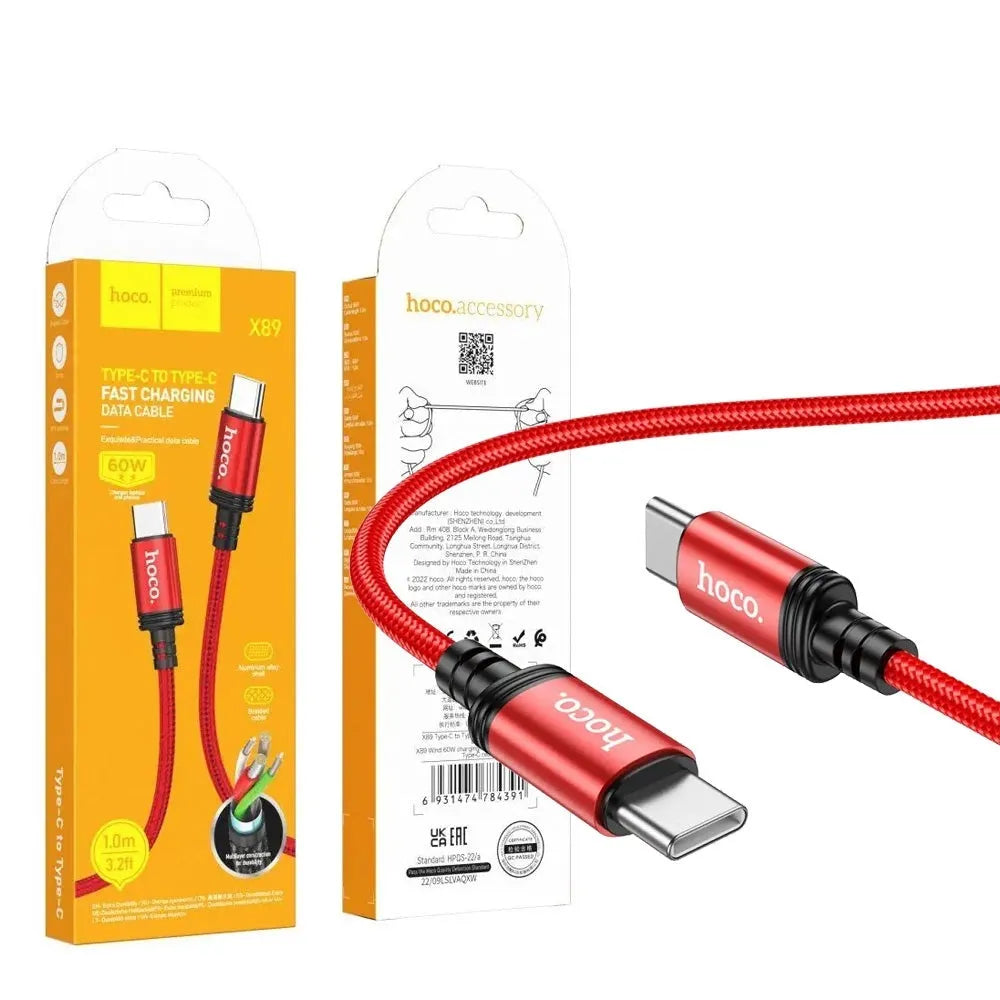Hoco X89 Type-C to C 60W Braided Charging Cable 1M Red