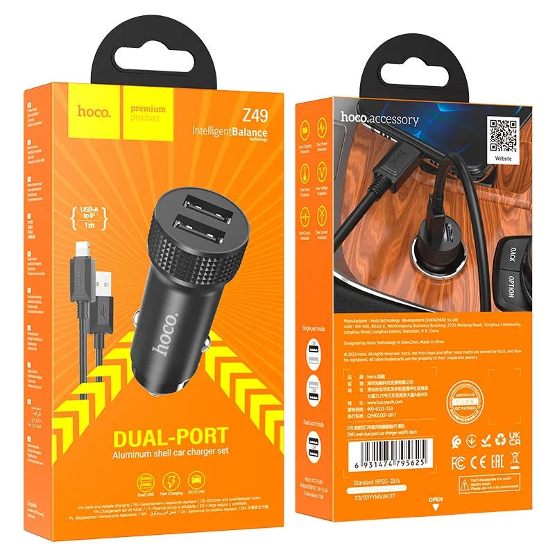 Hoco Z49 Level Dual Port Car Aluminium Lightning Charger Set Black