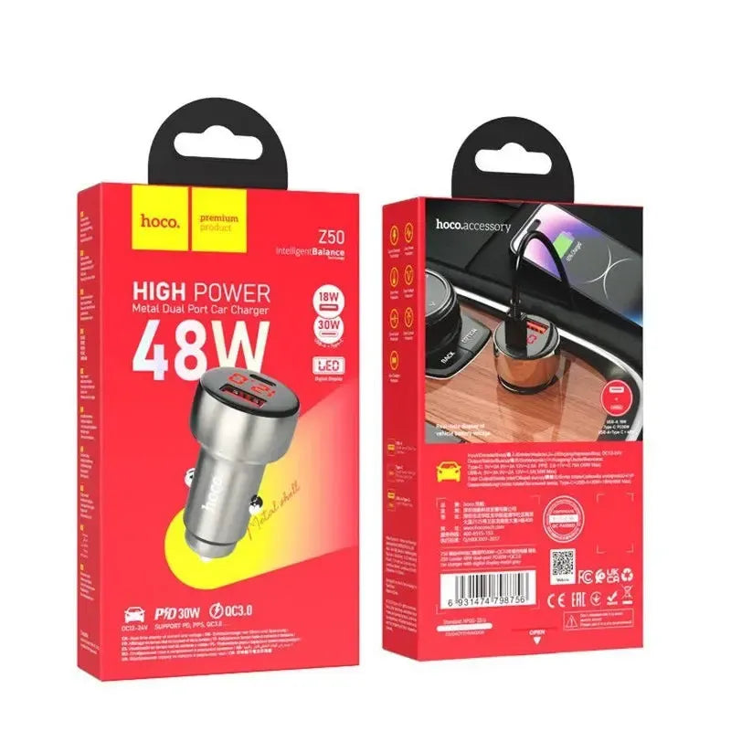Hoco Z50 Leader 48W Dual-Port PD30W / QC3.0 Display Car Charger Metal Gray