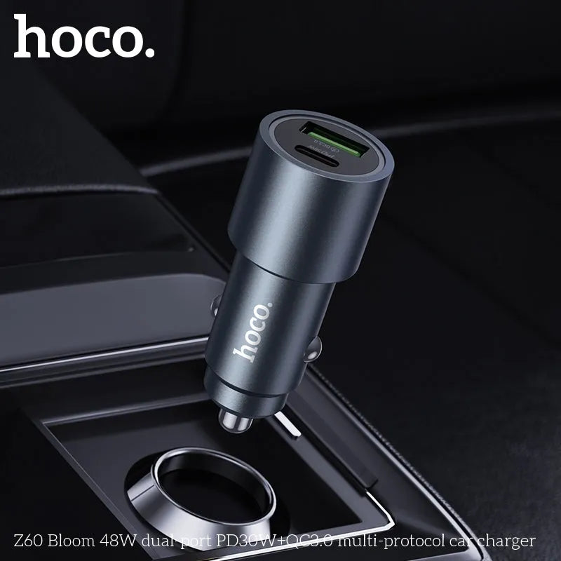 Hoco Z60 Bloom 48W Dual-Port PD30W And QC3.0 Multi-Protocol Car Charger Gray